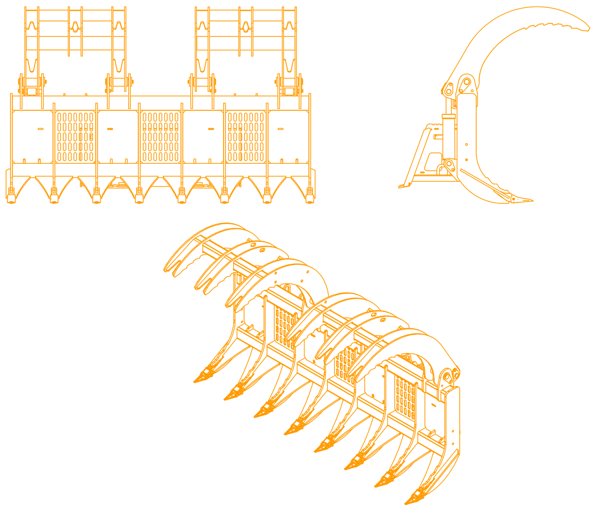 Technical drawings of agricultural equipment on a white background specifications diagram