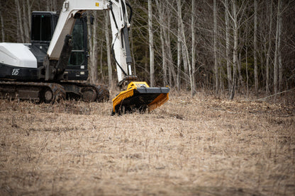 Excavator in a forest clearing with dry grass and trees.