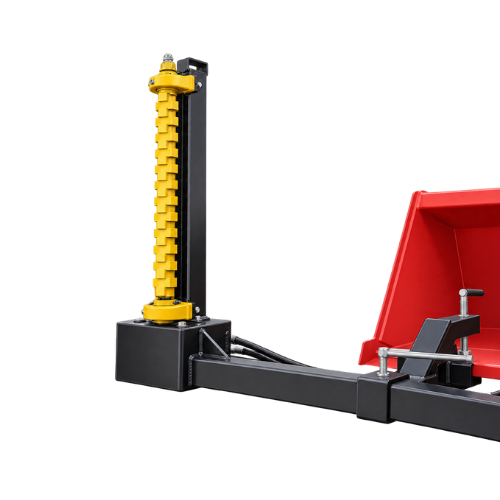 Quick Attach Bucket Mount Limb Cutter attached to a red bucket, with a vertical yellow cutting rotor and black mounting frame.