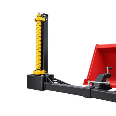 Quick Attach Bucket Mount Limb Cutter attached to a red bucket, with a vertical yellow cutting rotor and black mounting frame.