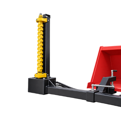 Quick Attach Bucket Mount Limb Cutter attached to a red bucket, with a vertical yellow cutting rotor and black mounting frame.
