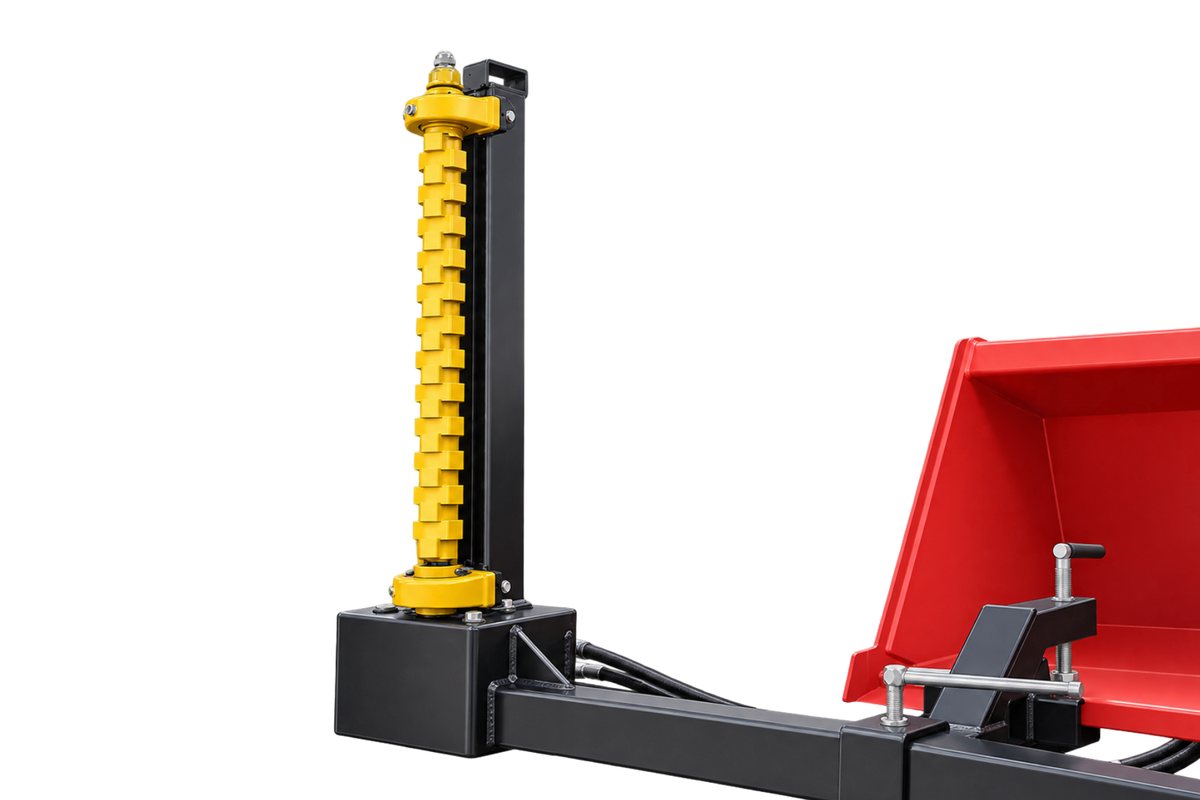 Quick Attach Bucket Mount Limb Cutter attached to a red bucket, with a vertical yellow cutting rotor and black mounting frame.