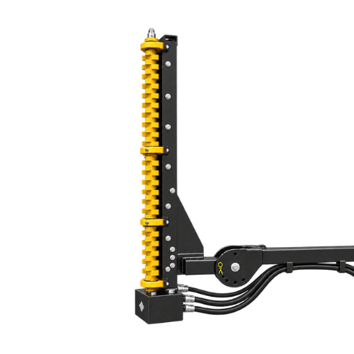 Quick Attach Limb Cutter attachment with a vertical yellow toothed cutting rotor, black hydraulic hoses, shown on a transparent background.