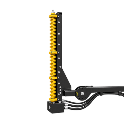 Quick Attach Limb Cutter attachment with a vertical yellow toothed cutting rotor, black hydraulic hoses, shown on a transparent background.