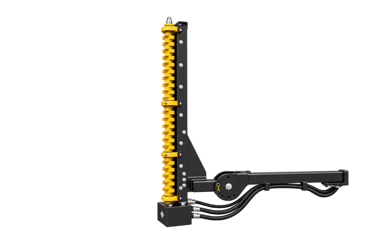 Quick Attach Limb Cutter attachment with a vertical yellow toothed cutting rotor, black hydraulic hoses, shown on a transparent background.