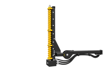 Quick Attach Limb Cutter attachment with a vertical yellow toothed cutting rotor, black hydraulic hoses, shown on a transparent background.