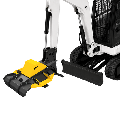 Mini excavator with a front-end mower attachment on a white background
