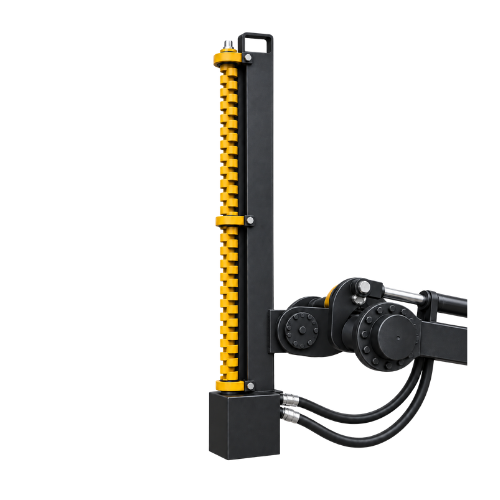 Quick Attach Limb Cutter attachment with a vertical yellow toothed cutting rotor, black hydraulic motor and hoses, shown on a transparent background.