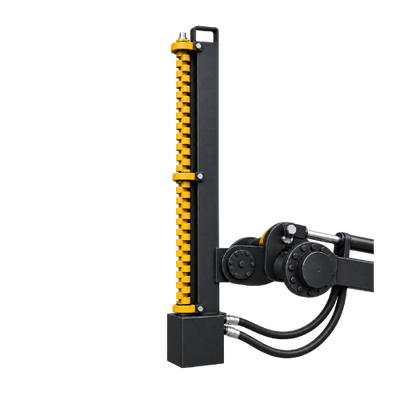 Quick Attach Limb Cutter attachment with a vertical yellow toothed cutting rotor, black hydraulic motor and hoses, shown on a transparent background.