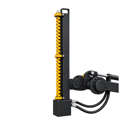 Quick Attach Limb Cutter attachment with a vertical yellow toothed cutting rotor, black hydraulic motor and hoses, shown on a transparent background.