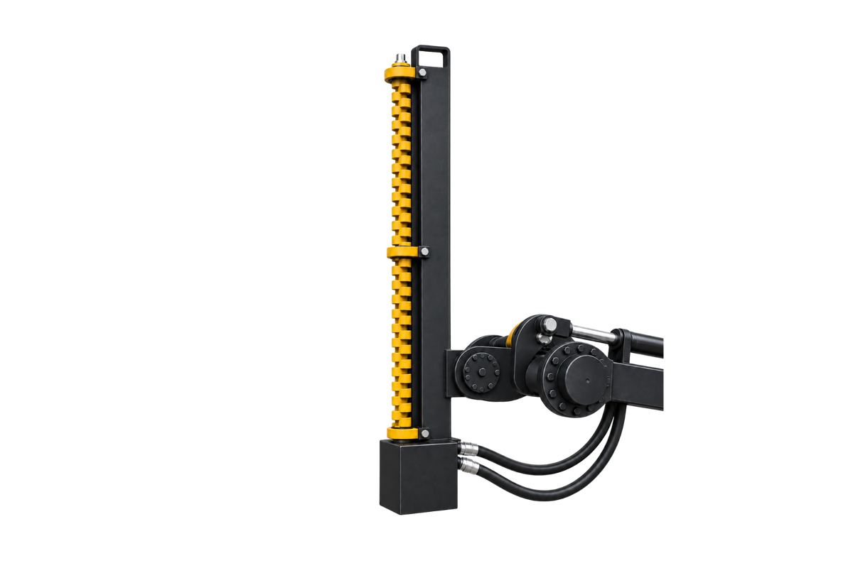 Quick Attach Limb Cutter attachment with a vertical yellow toothed cutting rotor, black hydraulic motor and hoses, shown on a transparent background.