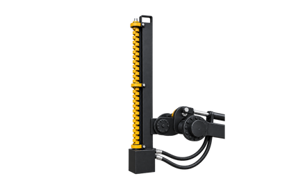 Quick Attach Limb Cutter attachment with a vertical yellow toothed cutting rotor, black hydraulic motor and hoses, shown on a transparent background.