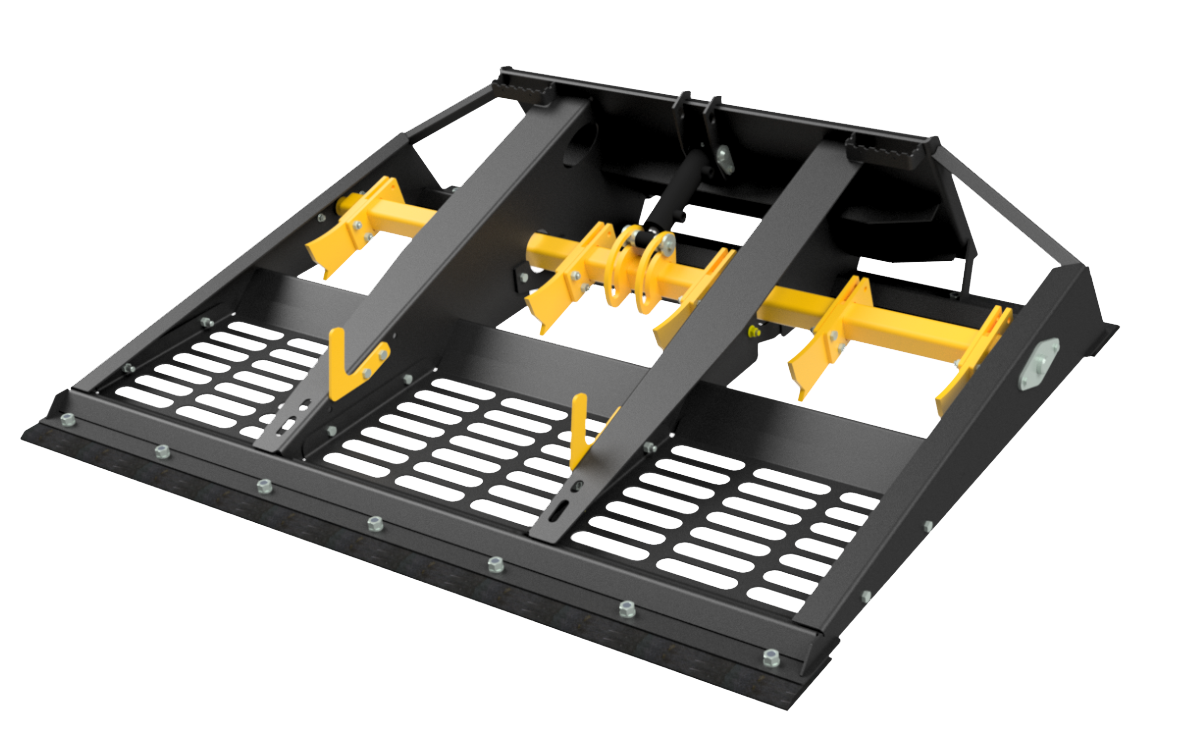 Black and yellow agricultural attachment on a white background