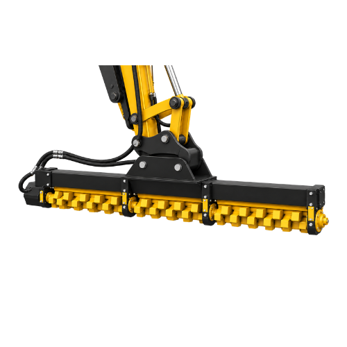 A yellow excavator limb cutter attachment with a long horizontal drum and warning labels.
