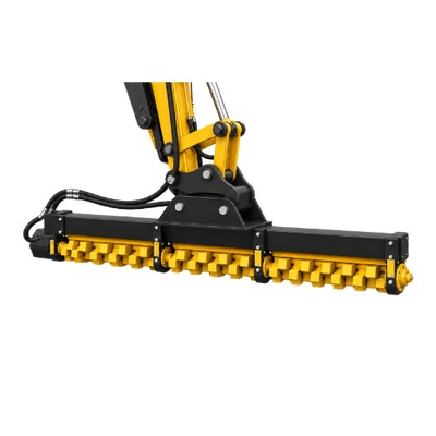 A yellow excavator limb cutter attachment with a long horizontal drum and warning labels.