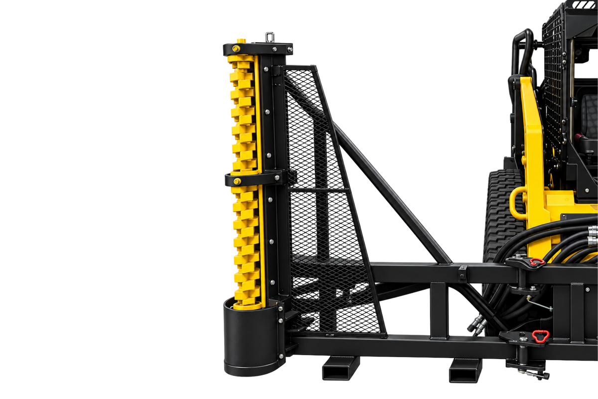 Quick Attach Limb Cutter attachment mounted on a yellow skid steer, with its toothed cutting rotor positioned vertically.