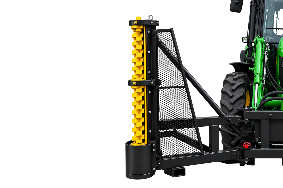 Quick Attach Limb Cutter mounted on the front of a green tractor, with its yellow cutting rotor positioned vertically.