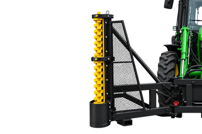 Quick Attach Limb Cutter mounted on the front of a green tractor, with its yellow cutting rotor positioned vertically.