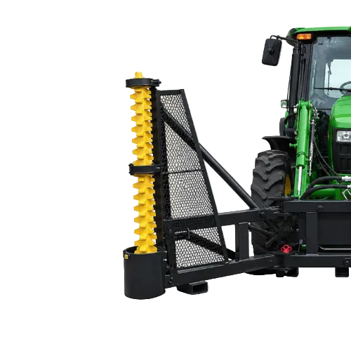 A black and yellow limb cutter agricultural attachment, shown mounted on the front of a green tractor.