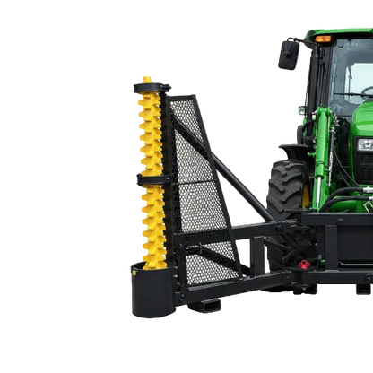A black and yellow limb cutter agricultural attachment, shown mounted on the front of a green tractor.