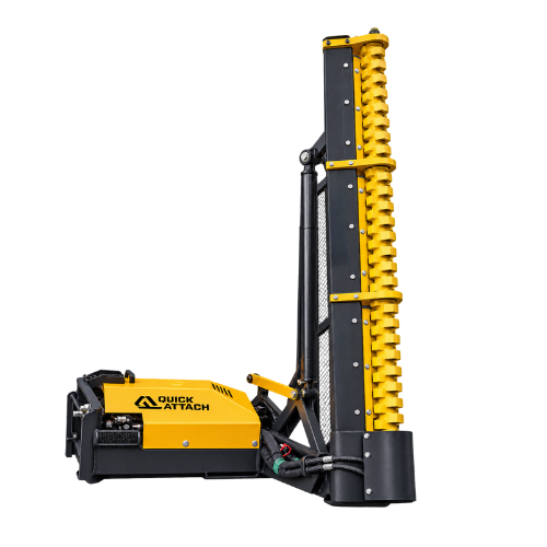 Quick Attach Limb Cutter attachment with a yellow vertical cutting head and black hydraulic mounting frame, shown on a transparent background.