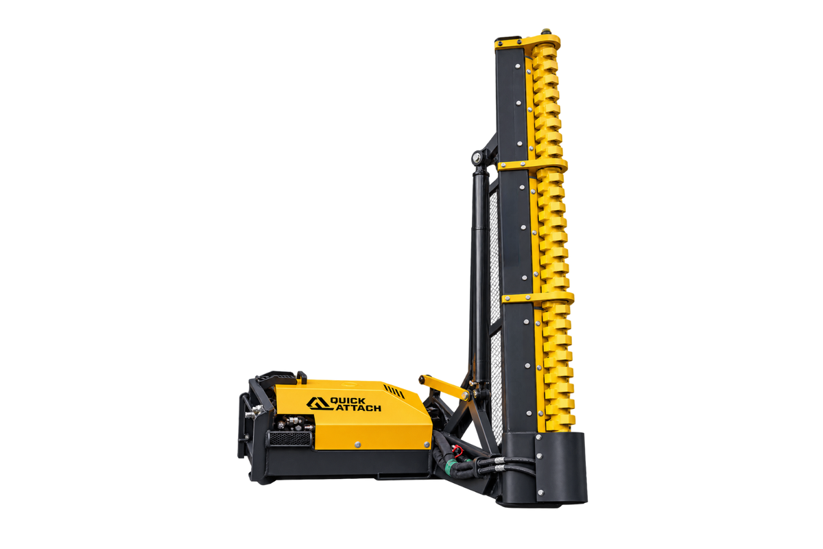 Quick Attach Limb Cutter attachment with a yellow vertical cutting head and black hydraulic mounting frame, shown on a transparent background.