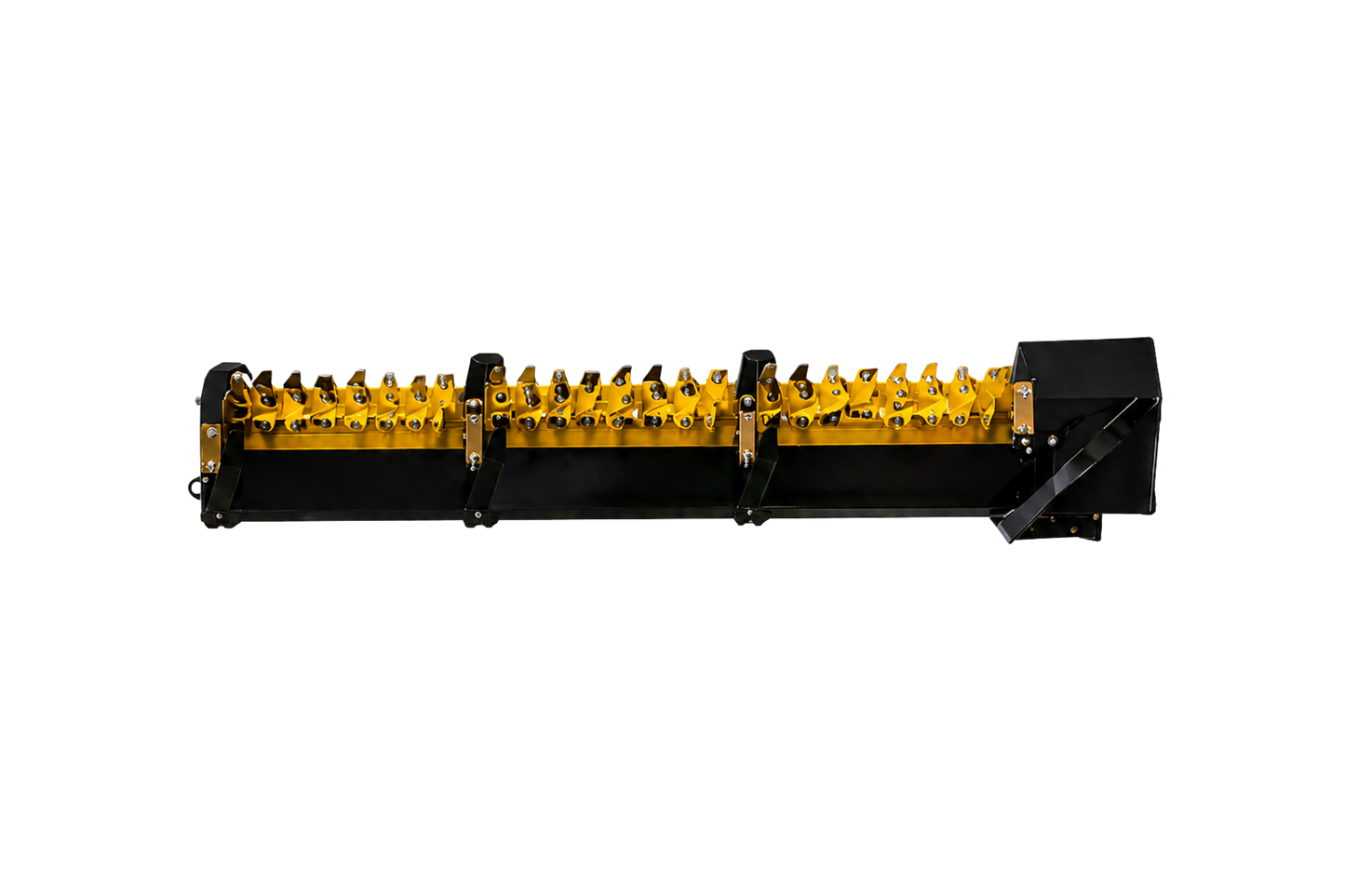 A heavy-duty industrial roller bar with black steel housings and rows of bright yellow roller cups, isolated on a white background.