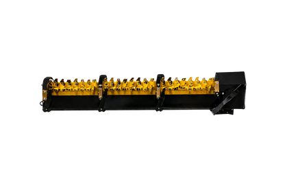 A heavy-duty industrial roller bar with black steel housings and rows of bright yellow roller cups, isolated on a white background.