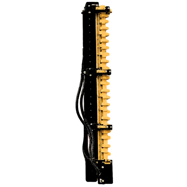 A tall, narrow black and yellow excavator mounted limb cutter attachment with multiple horizontal yellow bars, black brackets, and bundled black cables on the left side, shown against a plain white background.