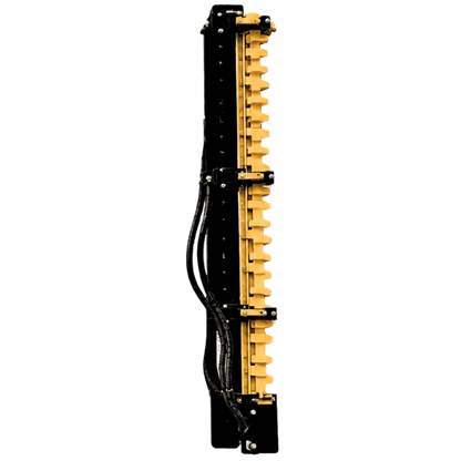 A tall, narrow black and yellow excavator mounted limb cutter attachment with multiple horizontal yellow bars, black brackets, and bundled black cables on the left side, shown against a plain white background.