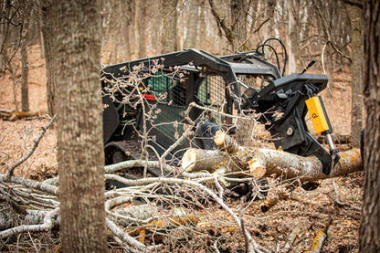 Forest management equipment cutting down trees in a wooded area