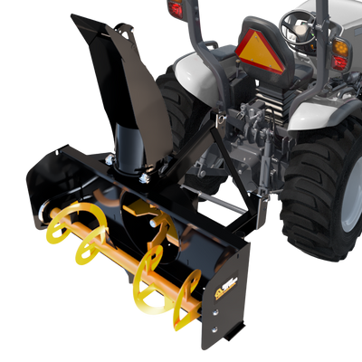 A 3-point PTO rear mount snowblower with black color chassis and yellow wheels, equipped with a snow chute and control panel.