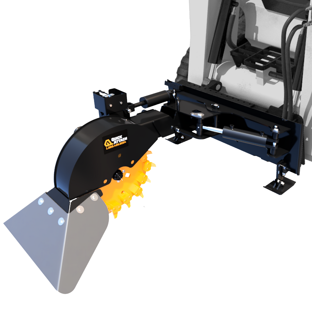 A black and yellow skid steer stump grinder with durable carbide teeth and a steel plate cutting wheel, mounted on a skid steer unit.
