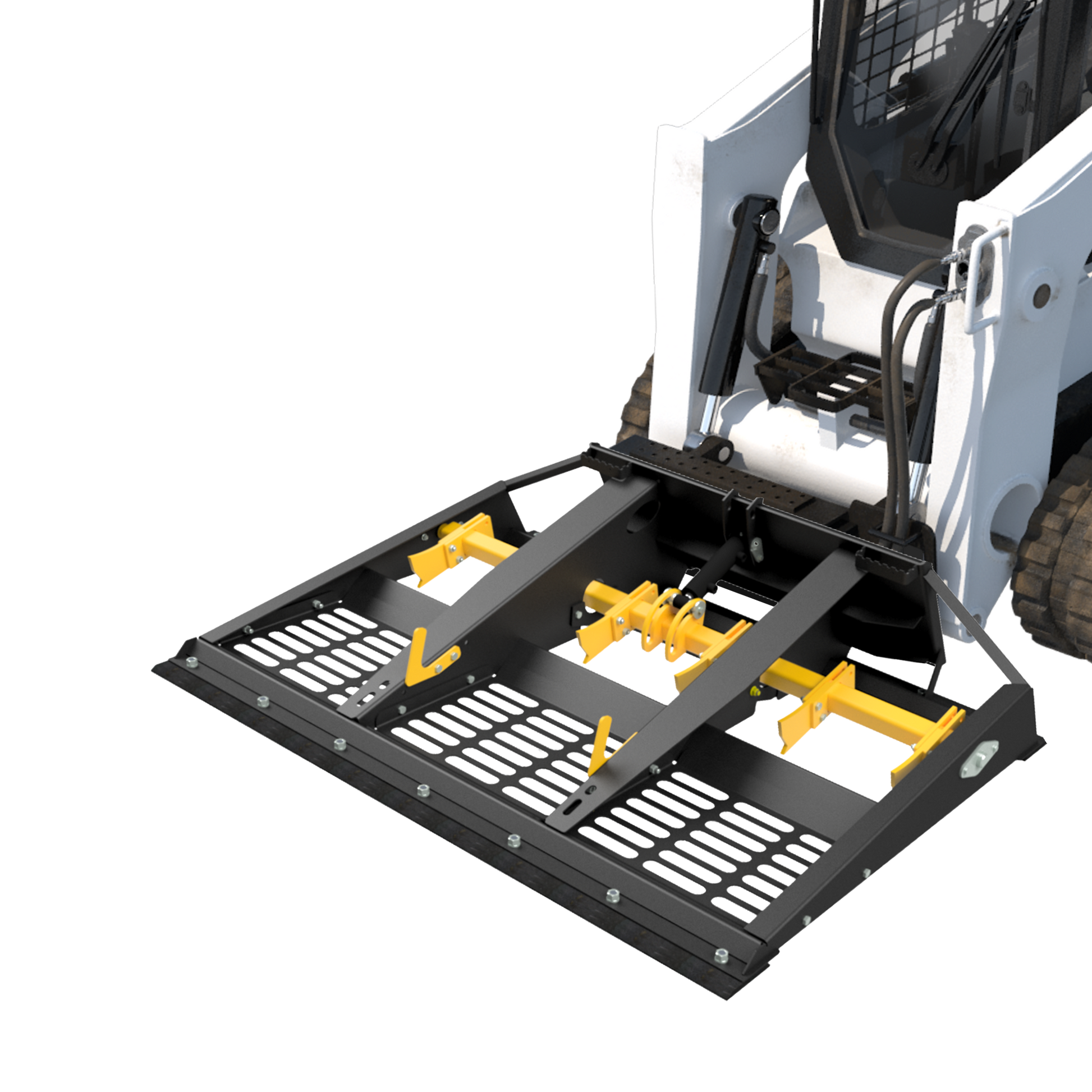 Skid steer loader attachment with yellow forks on a white background
