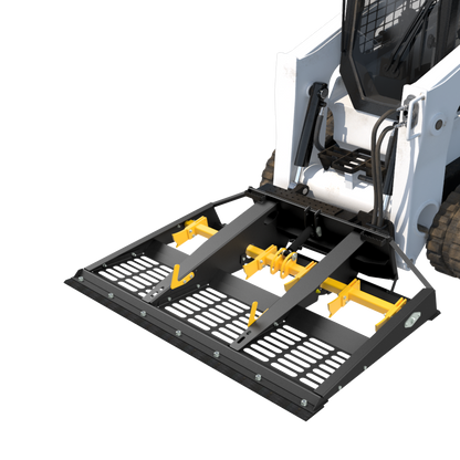 Skid steer loader attachment with yellow forks on a white background