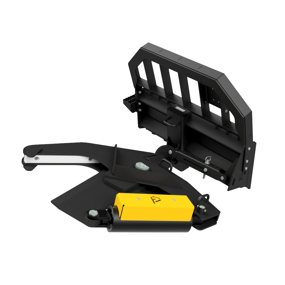 Black and yellow tree shear attachment on a white background