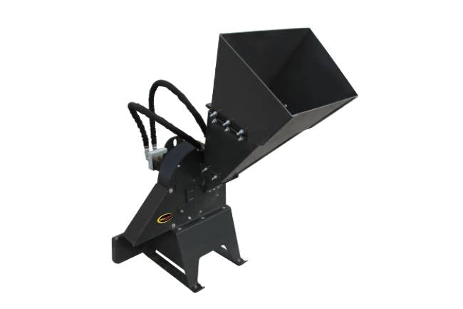 Turn your skid steer into a mobile work station. This attachment is ideal for commercial, residential, orchards, golf courses, etc., – any place where you need to turn a pile of branches into a pile of chips. Easily placed into backyards and remote areas without creating damage to yards.